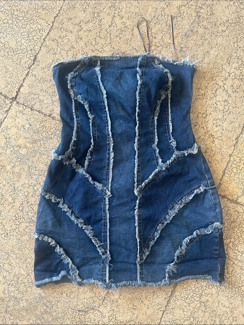 AKIRA Dark Blue Frayed Corset-Style Denim Mini Dress